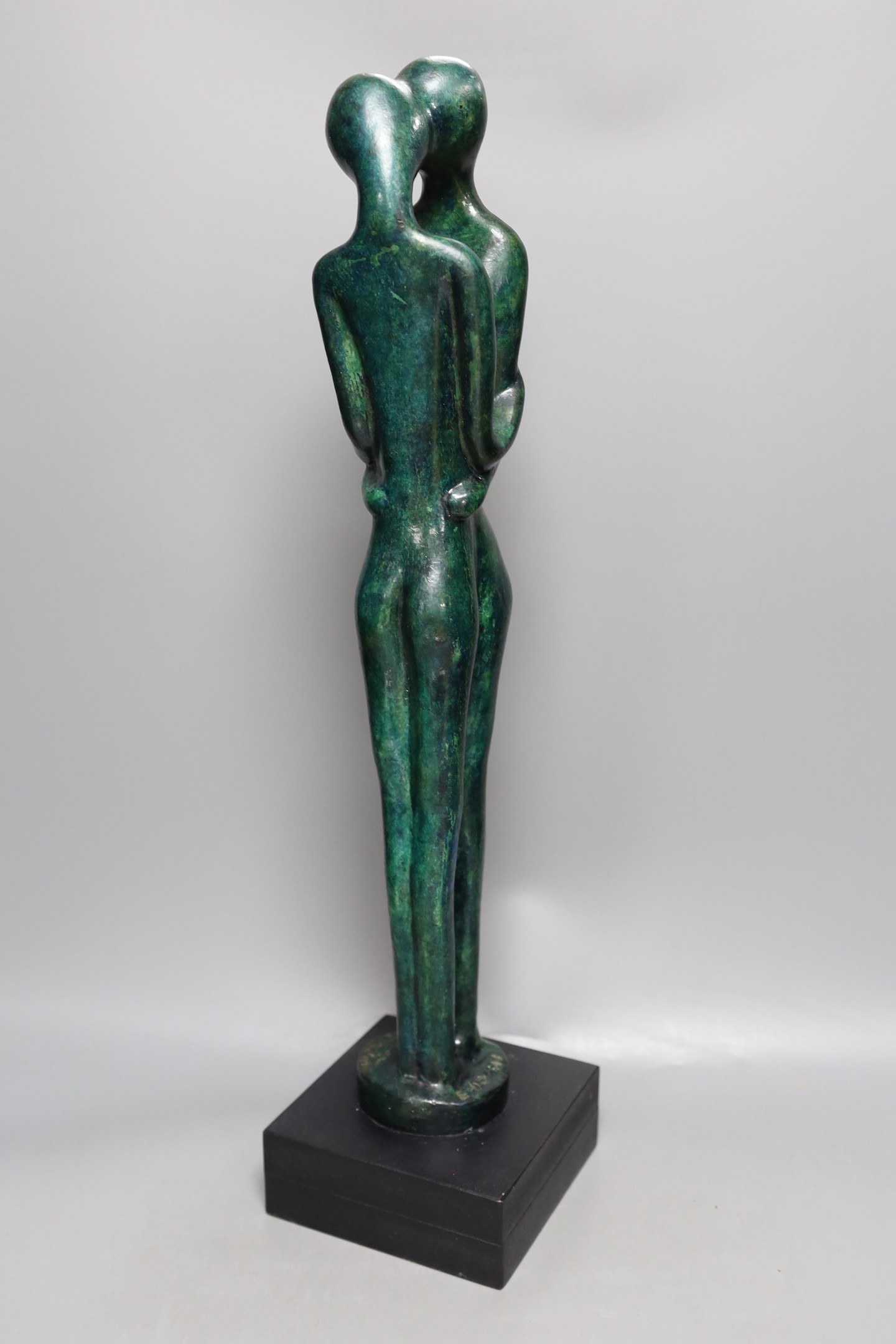 Jacob Azuelos (British Israeli, 1935-2018) contemporary sculpture, The Kiss. Patinated bronze, 59cm